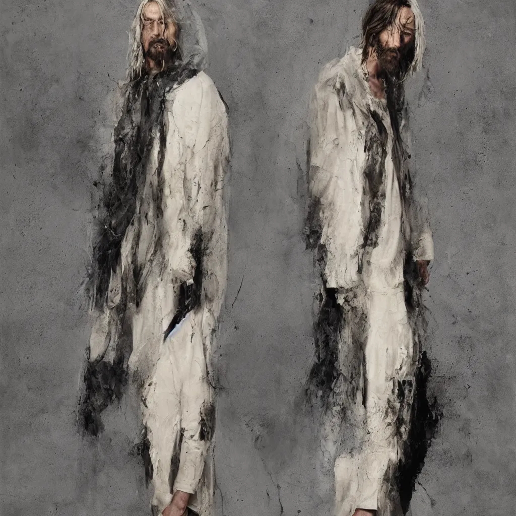 Prompt: a full body lookbook portrait of modern - day jesus wearing cream yeezy and fear of god menswear collection by nicola samori, detailed, oil painting, hyper - realistic, 8 k, yeezy collection