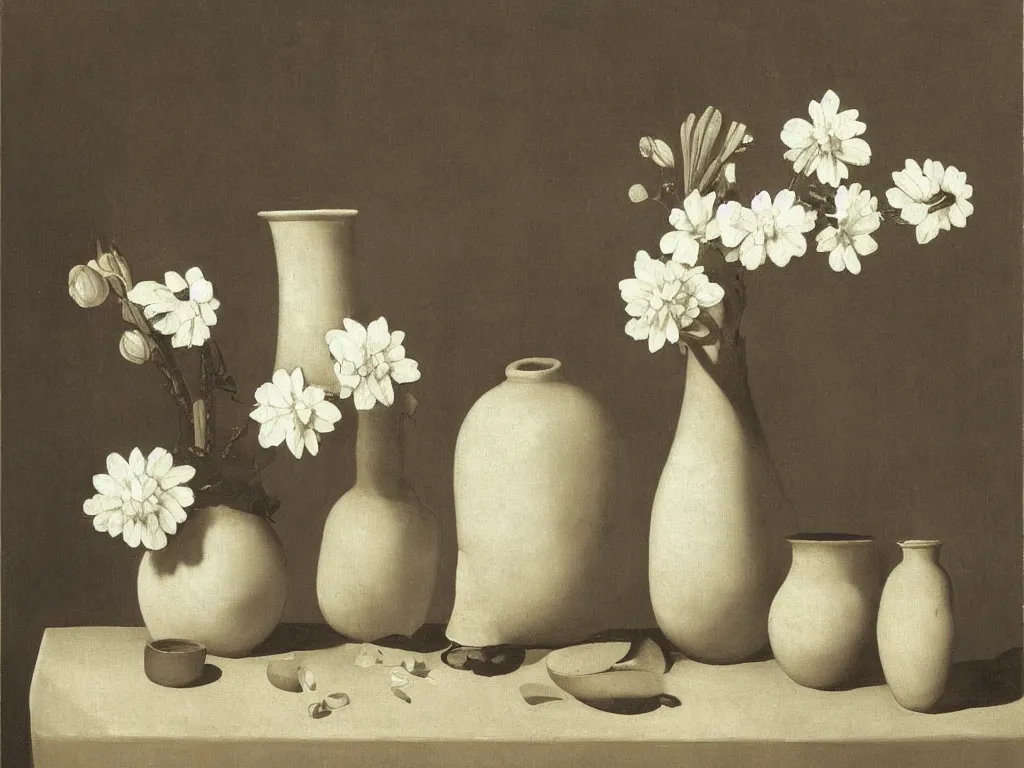 Image similar to Still life with white vase, ceramic pot, white petals. Painting by Zurbaran, Karl Blossfeldt, Morandi