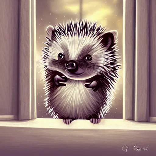 Image similar to cute adorable hedgehog opening the door, waving, smiling, cute, hedgehog, by cyril rolando