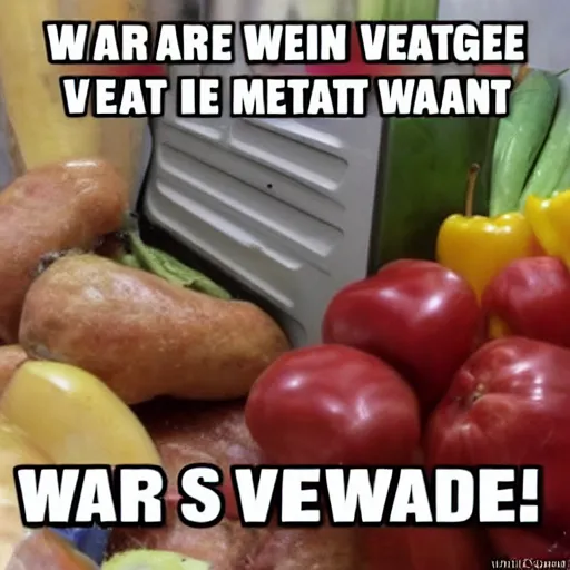 Image similar to war inside a refrigerator fruits and vegetables vs meat and chicken, whoever wins the war stays in the refrigerator mouth