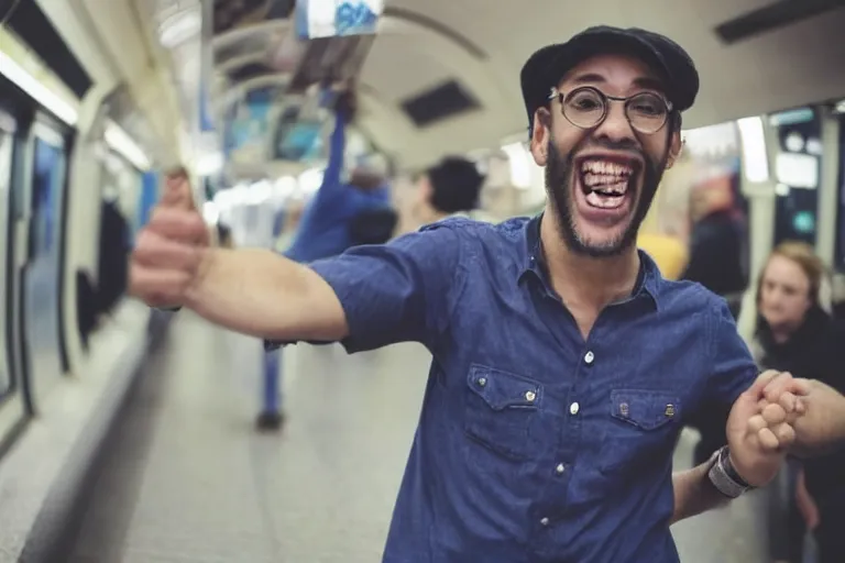 Image similar to a happy guy dancing in the metro selling things, 4k