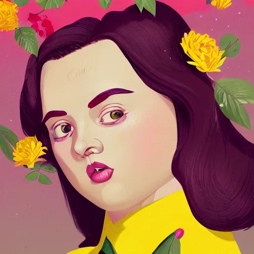 Image similar to colorful and festive cute female young plus size female hitler with tan skin, clear sharp todd solondz face, wearing yellow floral blouse. full body, rich vivid pastel colors, ambient lighting, dynamic lighting, 4 k, atmospheric lighting, painted, intricate, highly detailed by charlie bowater