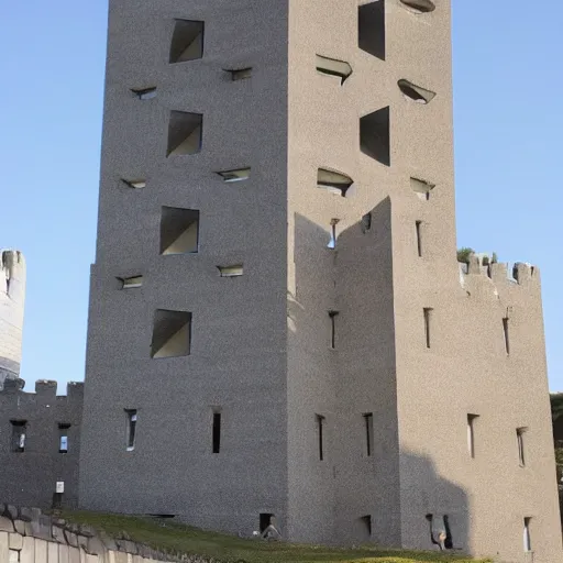 Prompt: a giant castle built in brutalist architecture, diverse unique building geometry full of shapes and corners, with a smaller base than the top of the tower, slowly growing in width as we get higher