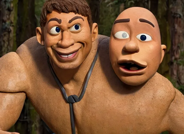 Image similar to film still of dwayne the rock johnson as pinocchio in the new pinocchio movie, 4 k, puppet boy, long nose, wooden, highly detailed face, detailed eyes
