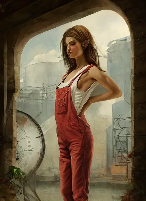 Prompt: digital _ painting _ of _ girl in tank top and overalls _ by _ filipe _ pagliuso _ and _ justin _ gerard _ symmetric _ fantasy _ highly _ detailed _ realistic _ intricate _ port