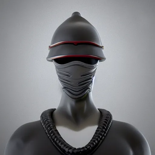 Image similar to focused 3 d rendering of marble and chrome statue of ninja wearing full face mask and hunter hat, combat suit, technological, octane render, all marble