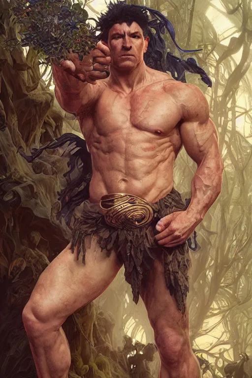 Prompt: portrait of ian hart as a hulking herculean demon, forest, godlike, full body, fantasy, intricate, elegant, highly detailed, digital painting, artstation, concept art, sharp focus, illustration, art by artgerm and greg rutkowski and alphonse mucha