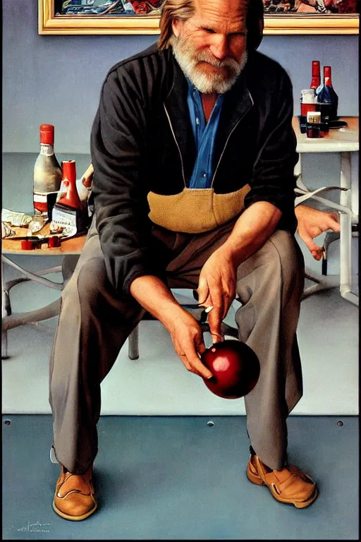 Image similar to Jeff Bridges from the movie The big Lebowski playing bowling painted by Norman Rockwell