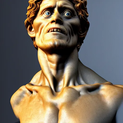 Prompt: Marble statue of Willem Dafoe as God, by Michaelangelo, soft lighting, hyper detailed, 8k