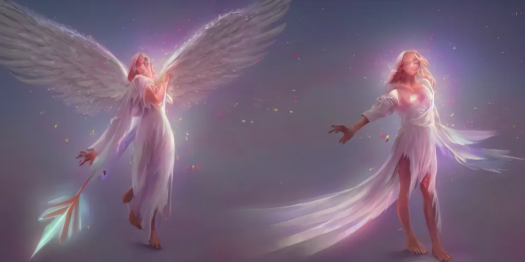 Image similar to An angel with white wings shooting a bright arrow to create flowers on a plain, trending on artstation, heavenly colors, volumetric lighting