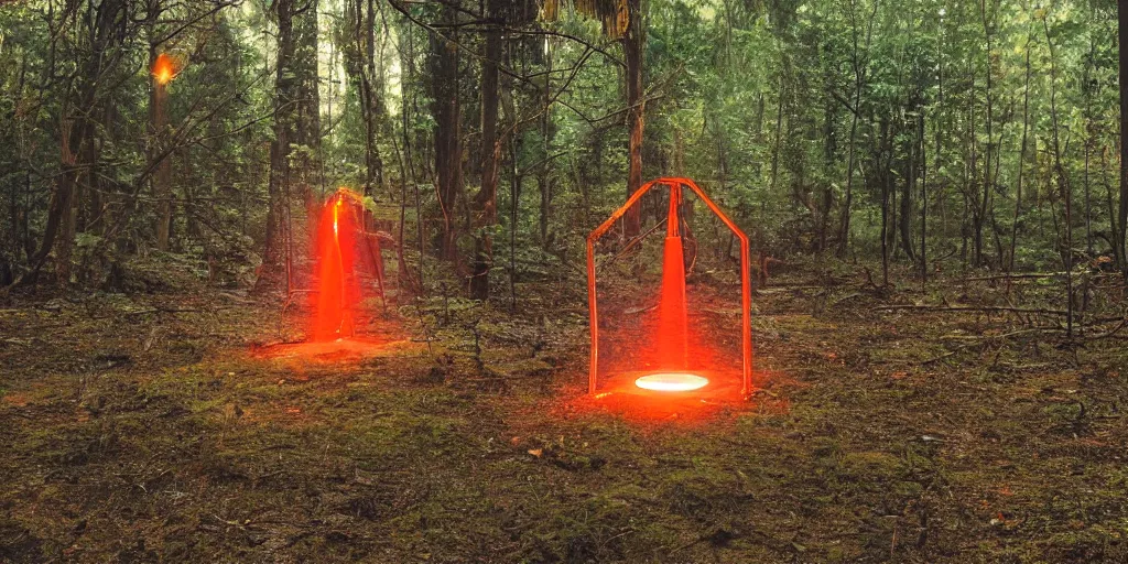 Image similar to a well with glowing orange light emanating from it in the middle of an abandoned forest in dnd