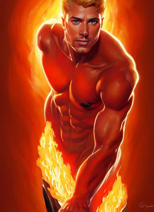 Image similar to Portrait of The Human Torch, D&D, muscular, fantasy, intricate, elegant, highly detailed, digital painting, artstation, concept art, smooth, sharp focus, illustration, art by artgerm and greg rutkowski and alphonse mucha