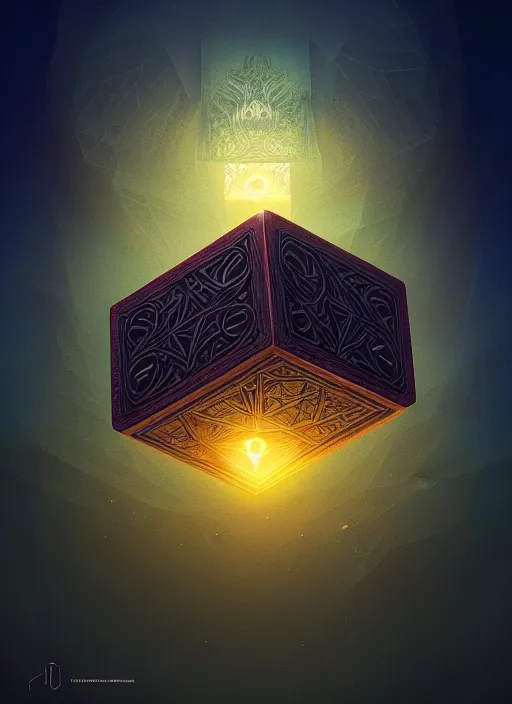 Prompt: symmetry!! a close - up octane render of a cube treasure box of the power of natural elements, magic, intricate ， smooth line, light dust ，, unreal engine, mysterious dark background, warm top light, loish, rhads, ferdinand knab, greg rutkowski, dan mumford, wlop, beeple ，