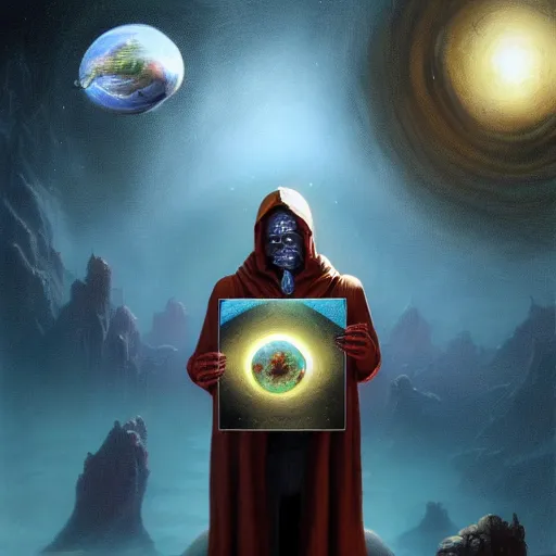 Image similar to masked nomad male wearing a cloak on an alien world and holding a holographic planet projection in his hand, detailed, sci - fi, digital painting, artstation, sharp focus, illustration, ominous, artgerm, tomasz alen kopera, peter mohrbacher, donato giancola, joseph christian leyendecker, wlop, frank frazetta