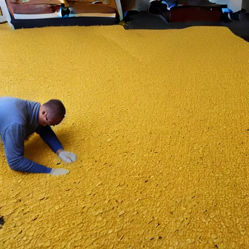 Prompt: removing yellow carpet underlay one man and one woman exhausted while eating almonds