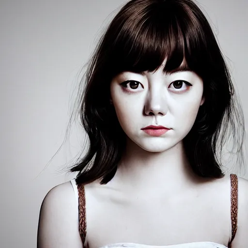 Prompt: a masterpiece portrait photo of a beautiful young woman who looks like a korean emma stone, symmetrical face