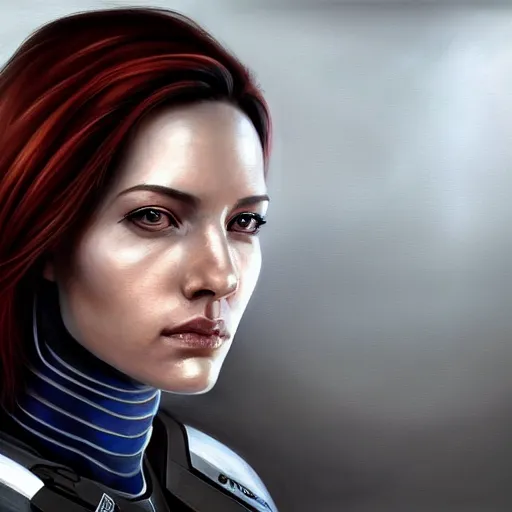 Prompt: portrait of a very beautiful BIPOC woman with a deep visible scar from ear to nose, wearing femshep mass effect armor, Alexandria's genesis, chin-length hair, bored, illustration, soft lighting, soft details, hyper realism, high detailed, painting oil on canvas by mark arian by artgerm, trending on artstation, 4k, 8k, HD