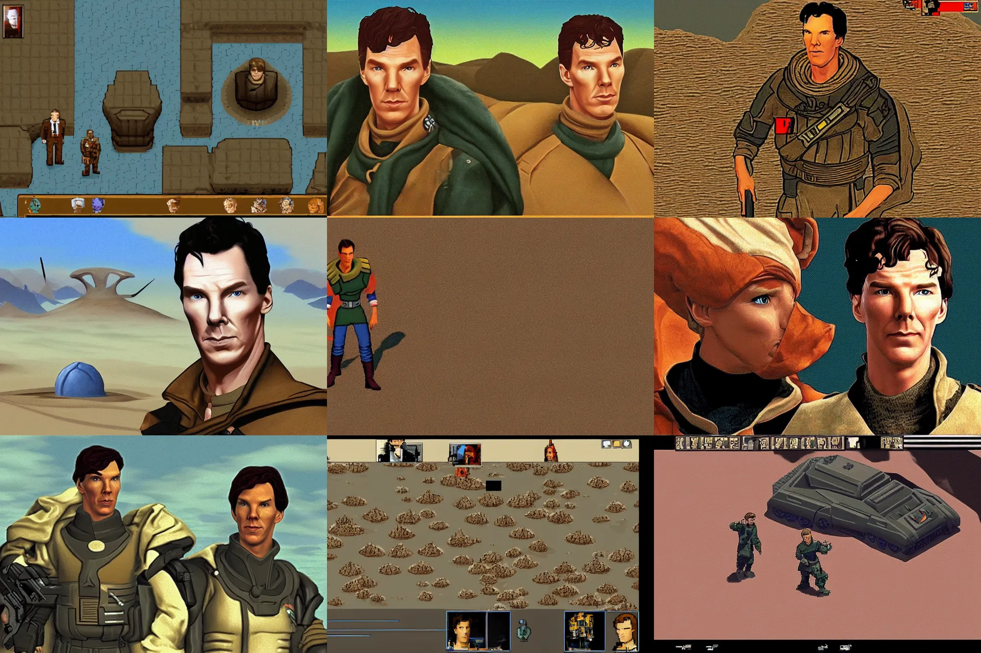 Prompt: a screenshot of benedict cumberbatch in the video game dune ii ( 1 9 9 2 ). pixel art. unreal engine. amazing likeness. very detailed. cartoon caricature.