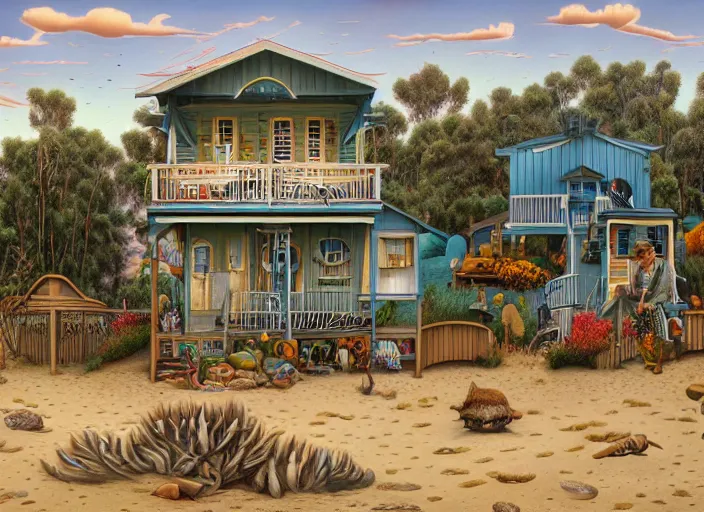 Image similar to australian beach house town, lowbrow, matte painting, 3 - d highly detailed, in the style of mark ryden,