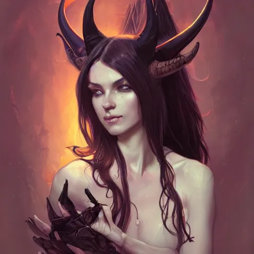 Image similar to a beautiful illustration of a satanic witch with horns in head, skulls, looking at camera, attractive, casual, modern, highly detailed, digital painting, artstation, concept art, smooth, sharp focus, illustration, art by artgerm, greg rutkowski and alphonse mucha