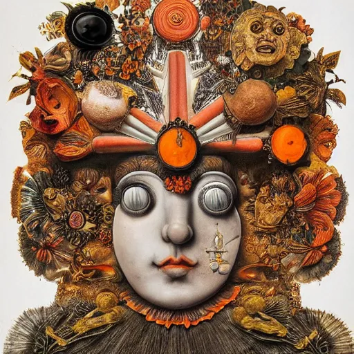 Image similar to album cover, religious reliquary, black, white, orange, psychedelic, giuseppe arcimboldo