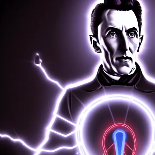 Image similar to nicolas tesla with thunderbolts around him and glowing white eyes, photorealistic, 4 k, ultra detailed