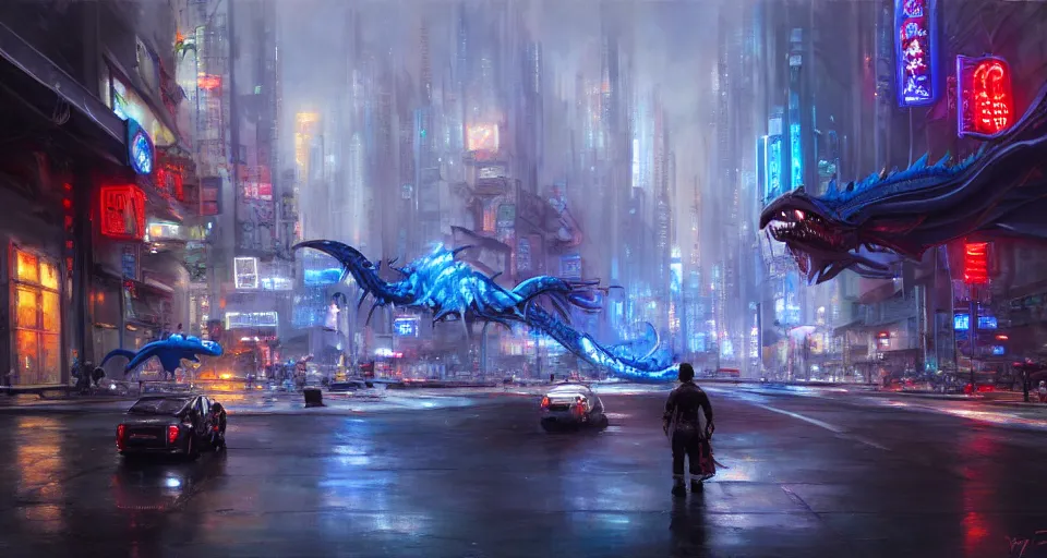Image similar to blue dragon on a road in a cyberpunk city. by Daniel F. Gerhartz, hyperrealistic oil painting, 4k, studio lightning