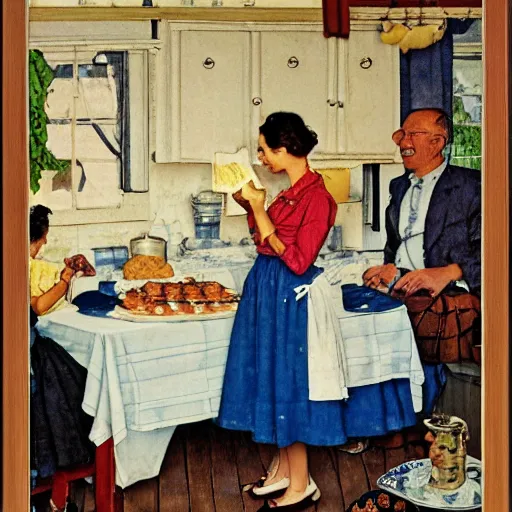 Prompt: housewife putting a hot apple pie on kitchen table, blue dress, apron, giving the middle finger to her husband, 2 children eating, artwork of norman rockwell