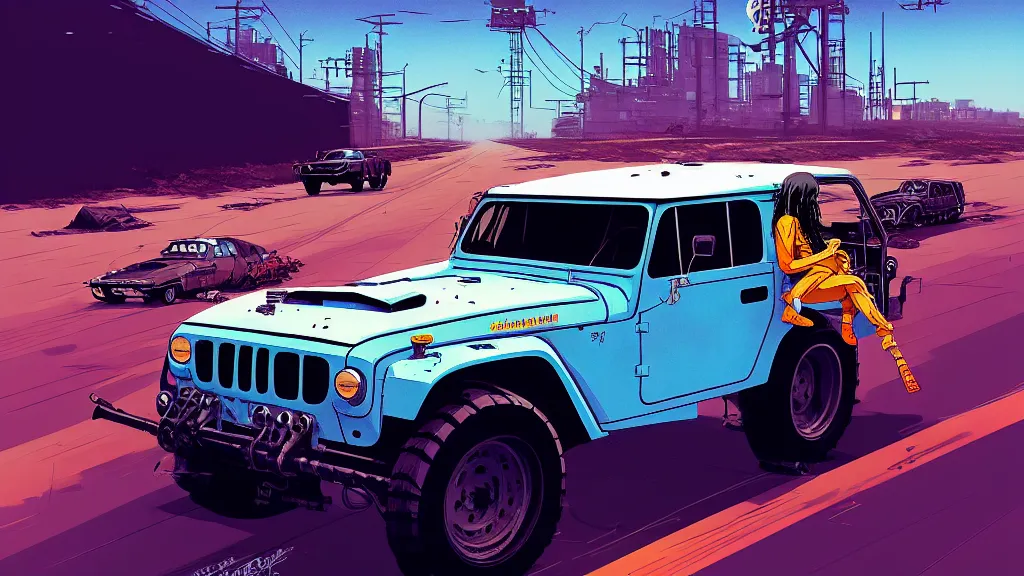 Image similar to digital illustration of mad max's fj 4 0 pursuit special, the last v 8 interceptor driving down a deserted cyberpunk highway in the middle of the day by studio ghibli, anime style year 2 0 9 3, by makoto shinkai, ilya kuvshinov, lois van baarle, rossdraws, basquiat