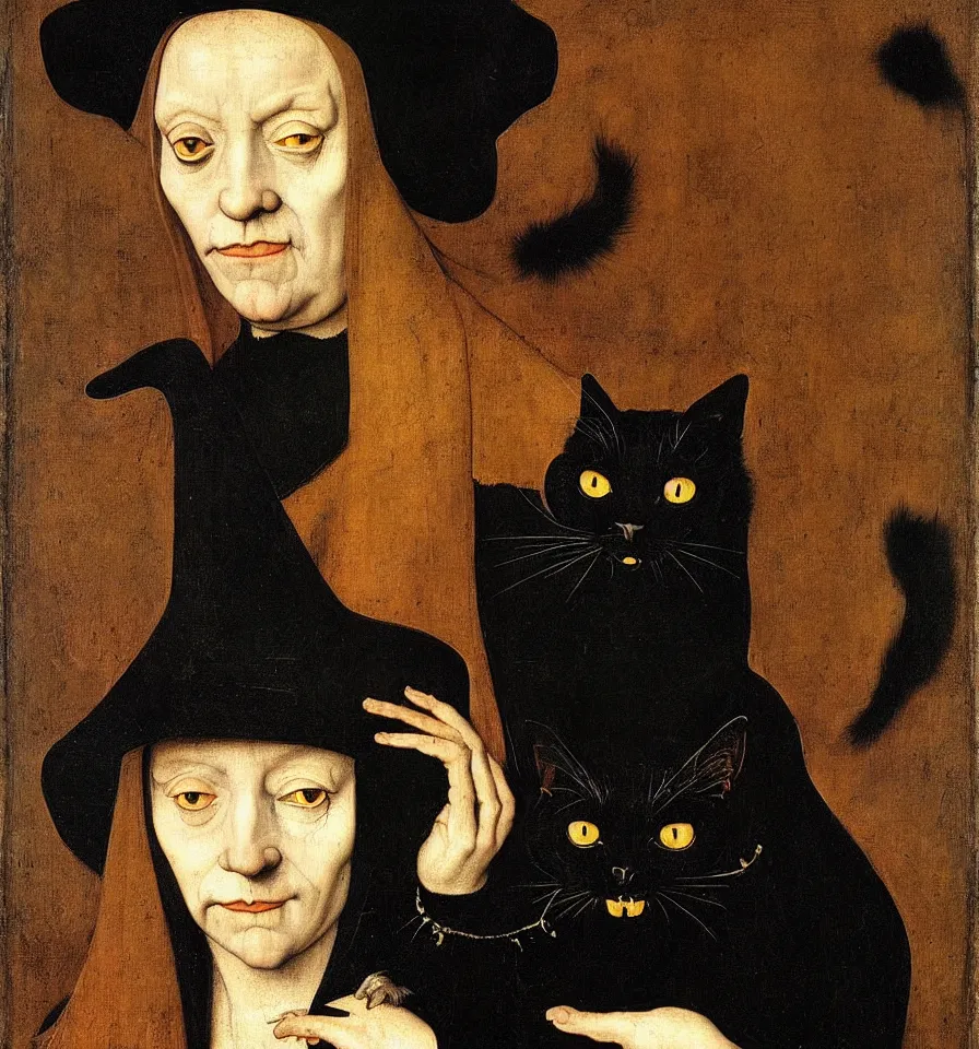 Prompt: painted portrait of a creepy witch with a black cat, 1 6 th century, hans holbein the younger, jan van eyck, gerit dou,