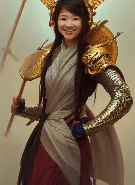 Prompt: Close-up portrait of smiling young asian woman wearing a winged helmet, holding a staff and wearing a robe vest, portrait, highly detailed, digital painting, artstation, concept art, sharp focus, illustration, art by artgerm and greg rutkowski and alphonse mucha