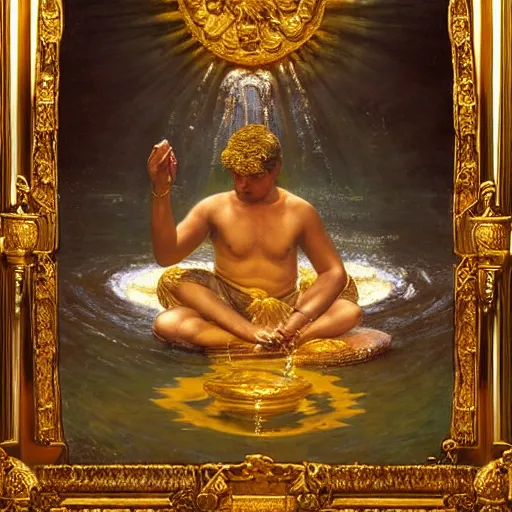 Image similar to highley detailed old srilankan buddhist monk drowning in liquid gold in baroque style, painting by gaston bussiere, craig mullins, j. c. leyendecker, lights, art by ernst haeckel, john william godward, hammershøi,