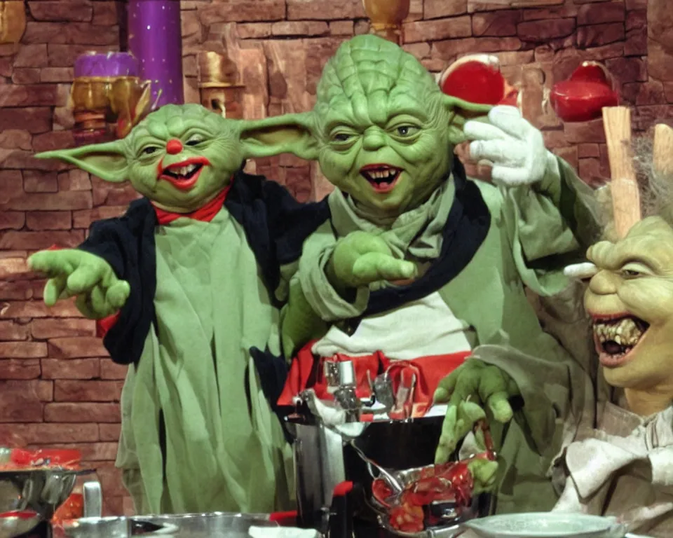 Image similar to yoda hosts a cookin show with an ugly clown, black and white