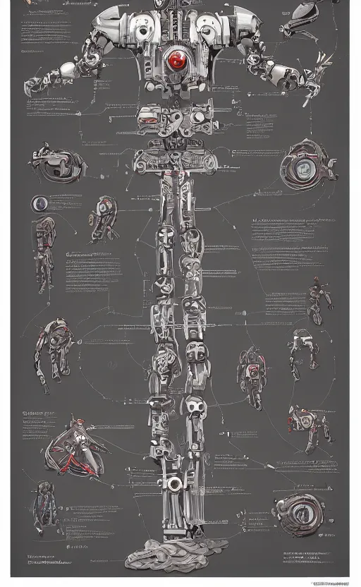 Image similar to anatomy of the terminator, robot, cyborg, t100, bloodborne diagrams, mystical, intricate ornamental tower floral flourishes, rule of thirds, technology meets fantasy, map, infographic, concept art, art station, style of wes anderson