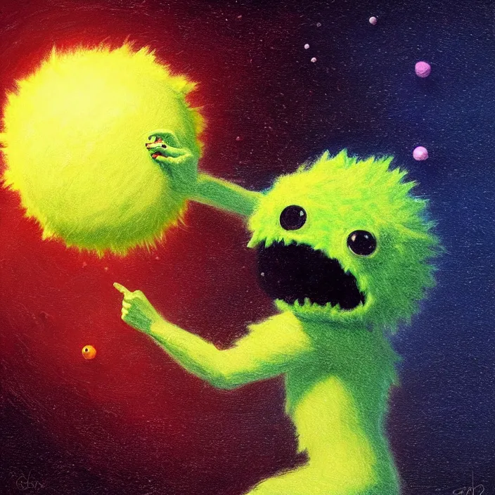 Image similar to cinematic portrait of a cute tennis ball monster in the abyss of space, chalk, masterpiece, trending on artstation, featured on pixiv, cinematic composition, dramatic pose, beautiful lighting, sharp details, hyper-detailed, HD, HDR, 4K, 8K, art by Basil Gogos