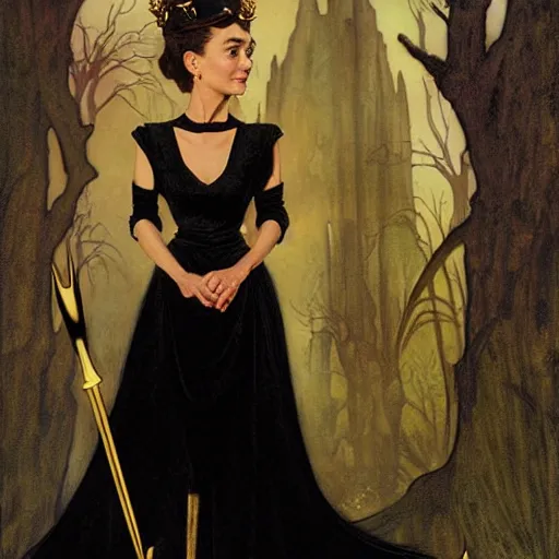 Image similar to an extremely detailed matte painting audrey hepburn as a powerfull sorceress in a resplendent black dress with gold and crimson trim and a long leg slit, in the style of magic the gathering, 8 k, sharp focus, detailed face, art by john collier and albert aublet and krenz cushart and artem demura and alphonse mucha