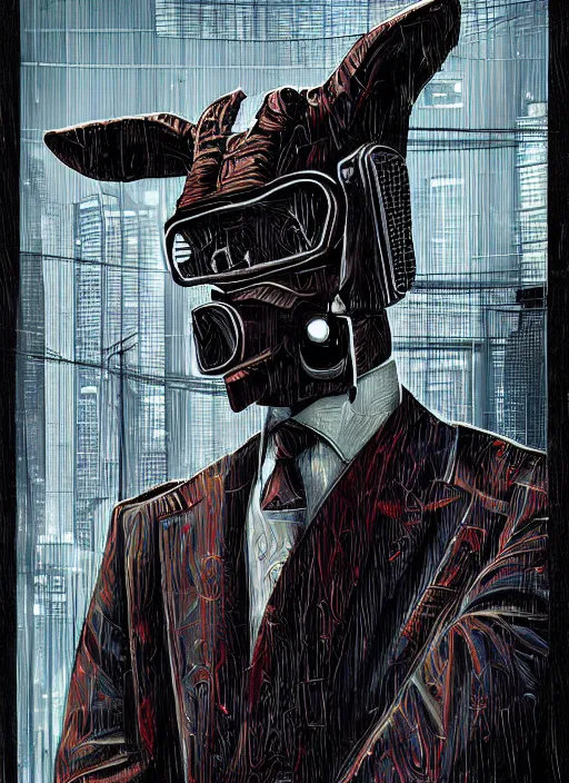 Image similar to a painting of a goat wearing a suit and tie, cyberpunk art by Jeffrey Smith, behance contest winner, digital art, artstation hq, darksynth, digital illustration