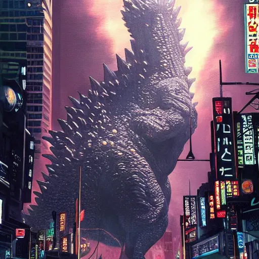 Image similar to a hyper-realistic stunning oil painting of a giant Godzilla monster peacefully coexisting with the people of Neo Tokyo; hyper-detailed!!!; an extraordinary masterpiece!!!; flawless; trending on artstation