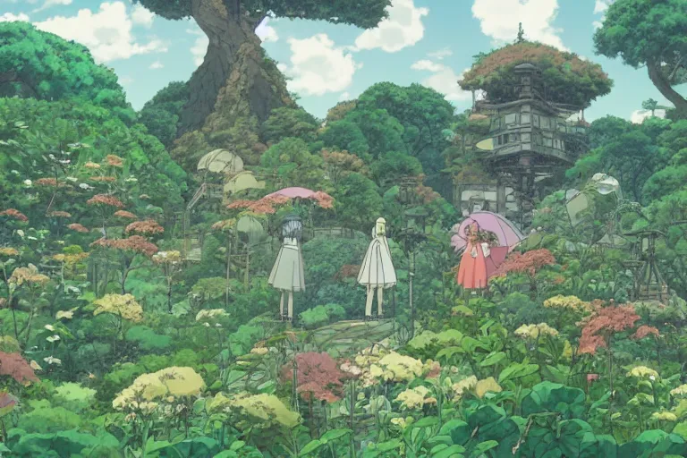 Image similar to still from the miyazaki anime film garden in the sky, a garden in the clouds, robot gardener, beautiful garden island, studio ghibli cartoon