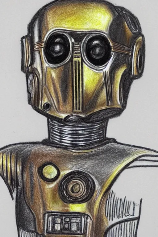 Prompt: a very bad child's drawing of c 3 po, crayon