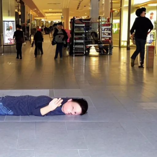 Prompt: man lying face - flat on the floor in the mall