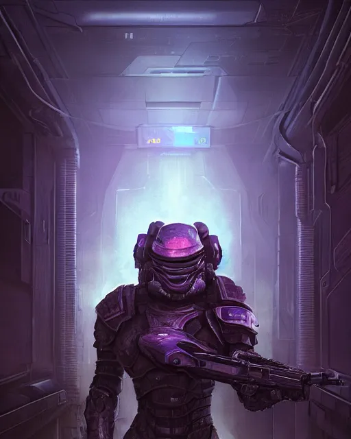 Image similar to Sci-Fi Crocodile alien, armored, big, art by Kashin, Wadim, Martinière, Stephan, Anton Fadeev, holding rifle, sharp focus, pitch black cursed evil Spaceship hallway, dark light, soft purple glow, heroic pose, sci-fi artwork, octane render, dead space artwork, cyberpunk, vivid colors, occult, magical, volumetric lighting, 8k high definition, highly detailed, trending on art Station, centered, by Greg Rutkovski, sci-fi artwork, arnold render