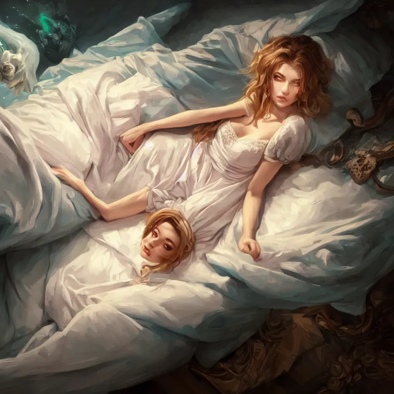 Prompt: highly detailed portrait of beautiful girl wearing night gown laying in her bed, fantasy character portrait, dynamic realistic pose, above view, top lighting, realistic shaded, loose brush strokes, perfect face, 8 k realistic, hyper detailed, artstation, concept art, hyper detailed eyes, top lighting, art by peter mohrbacher and artgerm