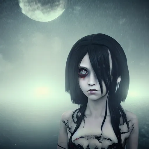 Image similar to full shot portrait of angry darkness anime girl at moonlight, gothic wearing, worrying eyes, inspired by Tim Burton, detailed, unreal engine 4k volumetric light, fog,