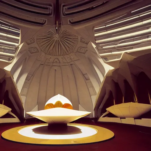 Image similar to interior of a futuristic lotus temple space station with gold, red and white marble panels, by buckminster fuller and syd mead, intricate contemporary architecture, photo journalism, photography, cinematic, national geographic photoshoot