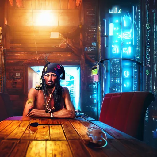 Image similar to high quality portrait of a pirate with four arms in a cyberpunk cyberpunk cyberpunk cafe, realism, 8k, award winning photo