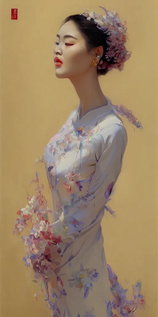 Image similar to yanjun cheng portrait of a beautiful vietnamese woman wearing vietnamese ao dai, intricate, detailed, symmetric face, by wlop and karol bak