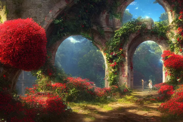 Prompt: broken arches leading to the pillars of eternity draped with red flowers and vines, blue sky, lens flare, a sense of mystery, ultra detailed, intricate, sharp focus, Matte painting by Makoto Shinkai and thomas kinkade, 8K