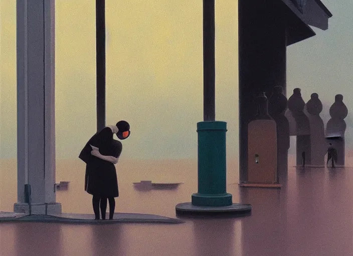 Image similar to spherical people kissing in gas masks at flooded gas station Edward Hopper and James Gilleard, Zdzislaw Beksinski highly detailed