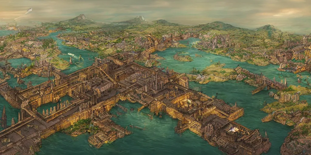 Prompt: illustration, environment design illustration, giant ancient city on a bridge, giant continent bridge build over many small islands in a straight row that developed into a grand city, fading into the distance